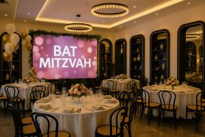 אולם לבת מצווה בירושלים עם עיצוב יוקרתי, שולחנות חגיגיים, בלונים וזהרוריות אווירה מושלמת לאירוע מרגש