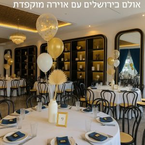 אולם לבת מצווה בירושלים מעוצב בסגנון יוקרתי עם בלונים זהובים, מפות לבנות ושולחנות ערוכים באווירה מרגשת