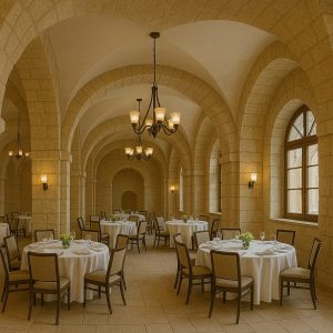 אולם לאירועים קטנים בירושלים עם עיצוב קמרונות ירושלמי, שולחנות עגולים ערוכים ונברשות תאורה חמימה