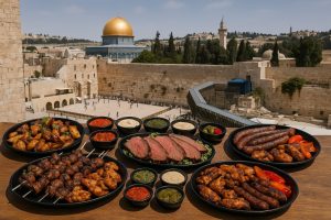 מגשי אירוח בשרי בירושלים עם מבחר בשרים, תוספות וסלטים על רקע הכותל המערבי – חוויית אירוח בשרית יוקרתית בעיר הקודש