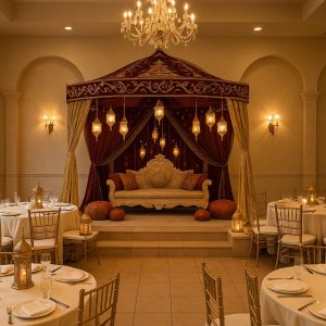 אולם לחינה בירושלים עם עיצוב יוקרתי – חופה בסגנון מרוקאי, ספות רקומות, שולחנות עגולים ותאורה חמימה