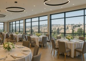 בית קפה כשר בירושלים עם שולחנות מרווחים, קהל יושב באווירה נינוחה ותפריט עשיר הכולל פסטות, דגים וקינוחים חלביים כשרים למהדרין
