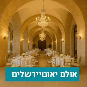 אולם אירועים בירושלים באווירה יוקרתית עם קירות אבן ירושלמית, נברשות קריסטל, שולחנות ערוכים וכסאות זהב לאירועי יוקרה