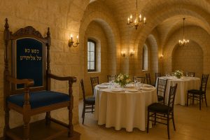 אולם לברית בירושלים בעיצוב אבן עם כיסא אליהו הנביא, שולחנות ערוכים ונברשות באווירה חמימה ומרגשת